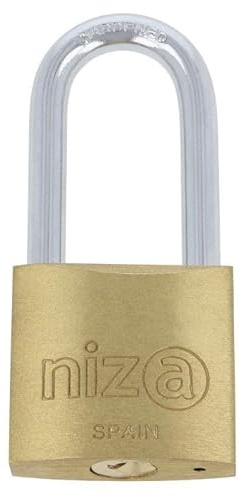 Amig - Candado de Seguridad Mod. Niza AL - Candado de Arco Largo - Latón y Arco de Acero - 50 mm - Incluye 2 llaves - Para Taquillas de Gimnasio, Puertas, Armarios, etc. - Dorado - Mate
