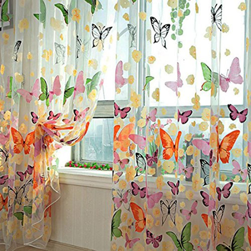 Vorhang Transparent, 2er 200x100CM Gardinen Set Beflockung Fenstersiebung Voile Schlaufenschal Tüll Fenster Vorhang Garn für Schlafzimmer und Wohnzimmer, Schmetterlingsmuster (Bunt)