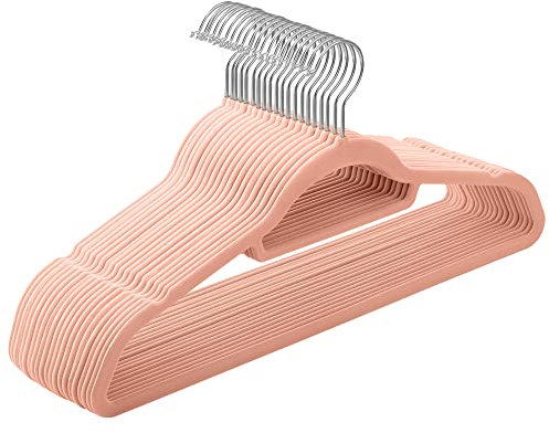 SONGMICS Cintre en Velours, Lot de 20, Antiglisse, Barre à Cravate, Crochet Pivotant 360°, Épaisseur 0,6 cm, Longueur 43,5 cm, pour Manteau, Robe, Pantalon, Rose Clair et Argent CRF20PK