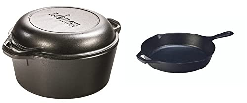 Lodge 4.73 Litre / 5 Quart Pre-Seasoned Cast Iron Double Dutch Oven (with Loop Handles) & 26.04 cm / 10.25 inch Cast Iron Round Skillet/Frying Pan