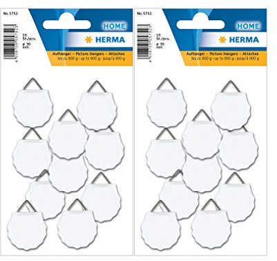 HERMA 5752 Bildaufhänger zum kleben, klein (Ø 30 mm, Papier mit Leinenstruktur) selbstklebend, wasserlöslich gummiert, Tragkraft 800 g, weiß (20 Haken - Ø 30 mm)