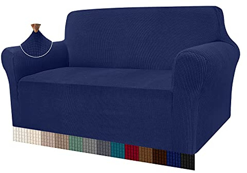 Granbest High Stretch Sofa Covers 2 Seater Super Soft Loveseat Cover Universal Couch Covers Jacquard Sofa Cover for Dogs Non Slip Furniture Protector Machine Washable (2 Seater, Navy Blue)