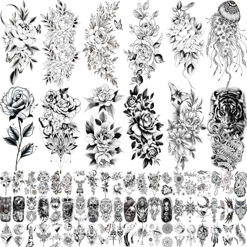 82 Sheets 3D Flowers Temporary Tattoos for Women Adult, Including 12 Sheets Large Fake Tattoos That Look Real and Last Long, Waterproof Rose Moon Butterfly Tiger Snake and Flowers Tattoos
