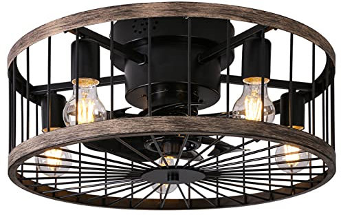 Ohniyou Caged Ceiling Fan with Light, 20 Inch Low Profile Farmhouse Ceiling Fan with Remote Control, Flush Mount Bladeless Enclosed Rustic Wood Color Edge Ceiling Fans for Living Room Bedroom