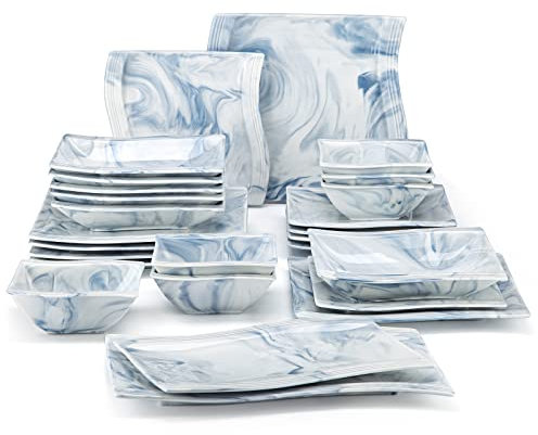 MALACASA – Service de Vaisselle Carré série FLORA 26 pièces en Porcelaine pour 6 Personnes, avec Assiettes, Bols, Plats, Bleu