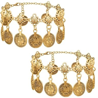 2PCS Women Beach Anklet Tribal Ethnic Coin Tassel Gypsy Anklets Chain Adjustable Boho Anklets Foot Chain Jewellery (Copper-Gold)