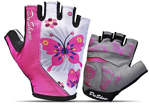 DuShow Cykelhandskar kvinnor halvfinger, mountainbike-handskar gel vadderade fingerlösa, cykelhandskar flickor med stötdämpande dyna för MTB, vägcykel, racing, BMX-fjäril rosa--S