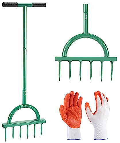 Meoligr Lawn Aerator Spikes Aerating Tool, Manual Aeration Tools with Padded T-Handle, Wide Foot Plate, Six 3.9 Inch Solid Steel Spikes, Yard Aerators for Lawn Yard & Garden
