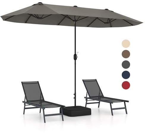 GOPLUS Grand Parasol de Jardin Exterieur avec Pied, 4M Parasol Rectangulaire Double Face pour 6 Personnes, avec Manivelle et Ventilation, pour Marché, Piscine, Terrasse, Balcon (Gris)