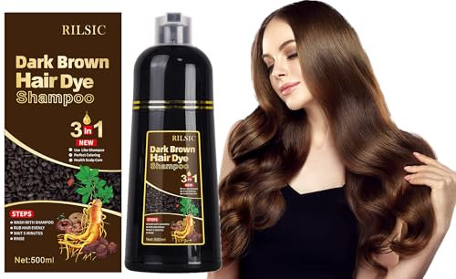 RILSIC Dark Brown Hair Dye Shampoo, 500ML Instant Hair Colour Shampoo 3 in 1, Hair Color Shampoos for Grey Hair Beard Coverage, Long Lasting-Natural, Hair Dye Coloring in Minutes for Women Men