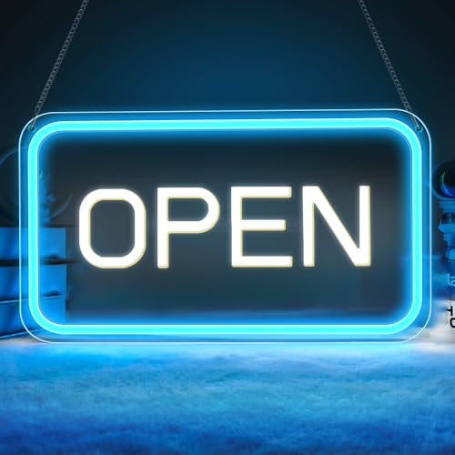 LightingWill Open Neon Schild, Open Schild LED mit 12V Ein/Aus Adapter, Open Leuchtreklamen für Business Light Up Sign für Bar, Salon, Store, Cafe, Shop, Club, Blau/Weiß, Horizontal