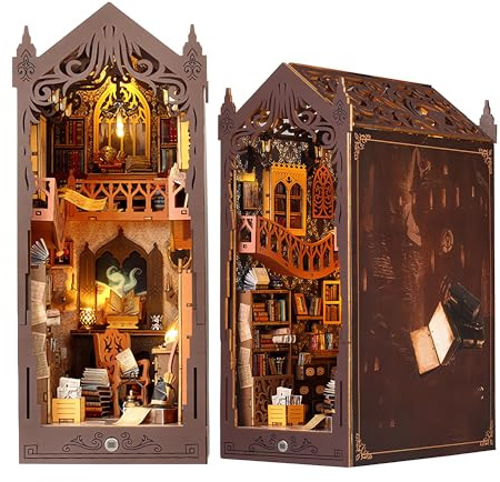 DAJASD DIY Book Nook Kit, DIY Puppenhäuser Miniatur Haus Kit Möbeln und LED-Licht, Modellbausatz 3D Holzpuzzle Buchstütze Bibliothek Bücherregal Dekor, DIY Puppenhaus Booknook Kit für Erwachsene Teens