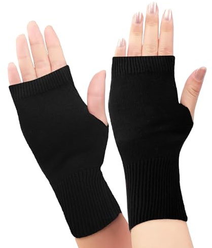 Cashmere Fingerless Gloves With Thumb Hole - Wool Blend Wrist Warmers, Half Knitted Thermal Hand Warmers for Women, Girls, Ladies - Winter Mittens Christmas Gifts (Black)