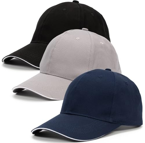 Dzpuhuojz 3 Pack Baseball Caps, Full Cotton Men's Hats & Caps, Adjustment Hats for Golf Running Sports Outdoor Workouts, Blue+Grey+Black Caps (White Border)