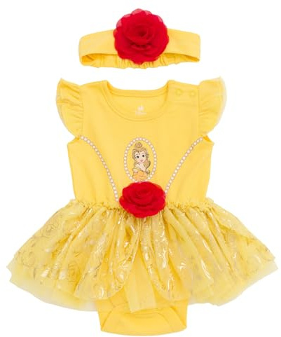 Disney Princess Cosplay Bodysuit with Skirt and Headband Newborn (0-24 Months), Yellow/Red, Beautiful, 3-6 Months