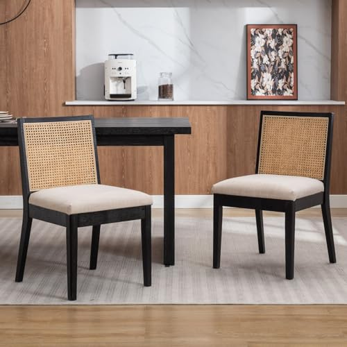 DAYALANE Esszimmerstühle Rattan 2er Set, Küchenstuhl mit Holzbeinen,Schwarz | Stühle Esszimmer mit Rückenlehne, Sitzfläche aus Leinen, Holzstuhl Akzentstühle Holz für Esszimmer, Restaurant