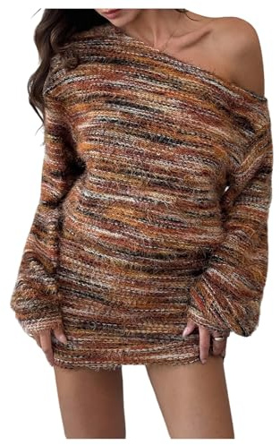 SHENHE Women's Fuzzy Marled Knit Sweater Dress Asymmetrical Neck Long Sleeve Mini Dresses Brown Medium