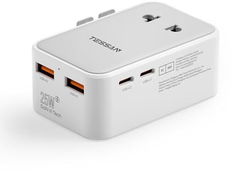 TESSAN Adaptateur Prise Universelle PD 25W, Adaptateur Universel de Voyage avec 2 USB C et 2 USB A, Prise Internationale de Voyage pour Anglaise USA Japon Australie Canada Mexique Chine France