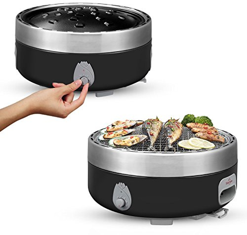 Freshore Bärbar kolgrill för camping med bärväska – liten bordsrök och rökfri valfri – drivs av batteri eller powerbank. (lyxig svart)
