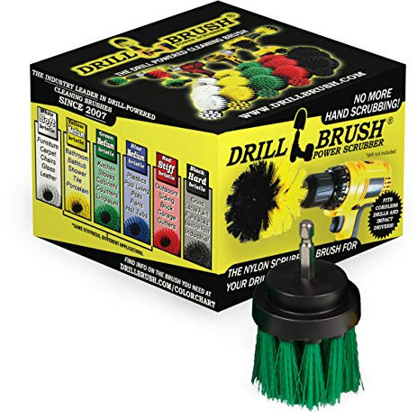 Long Green Bristle 2 Inch Diameter Medium Stiffness Powered Cleaning Drill Attachment Brush for Cordless Drills and Impact Drivers - Used to Clean Kitchen, Cabinet, Counter, and Linoleum by Drillbrush