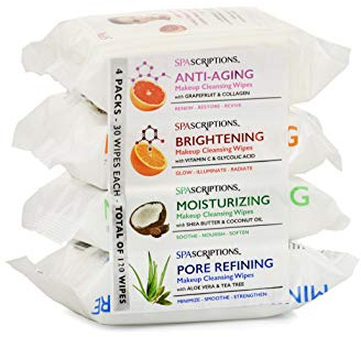 Spascriptions™ Anti-Aging, Brightening, Moisturizing & Pore Refining Towelettes Removes Waterproof Makeup, Revives with Collagen, Vitamin C, Coconut Oil, and Aloe Hypoallergenic, 120 Ct. 4 Pack