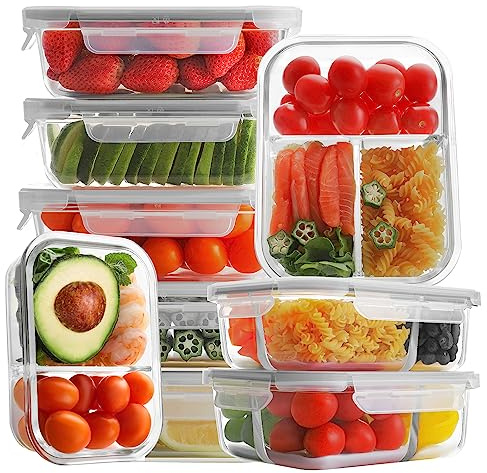 Bayco 9 Pack Glass Meal Prep Containers - 3, 2 & 1 Compartment Glass Food Storage Containers with Lids, Airtight & Leak Proof Lunch Bento Boxes - Grey