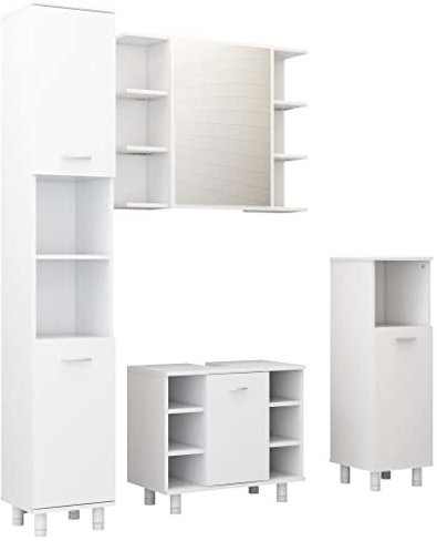 vidaXL Badmöbel Set 4-TLG. Waschbeckenunterschrank Spiegelschrank Hochschrank Midischrank Schrank Badezimmerschrank Badschrank Weiß Holzwerkstoff
