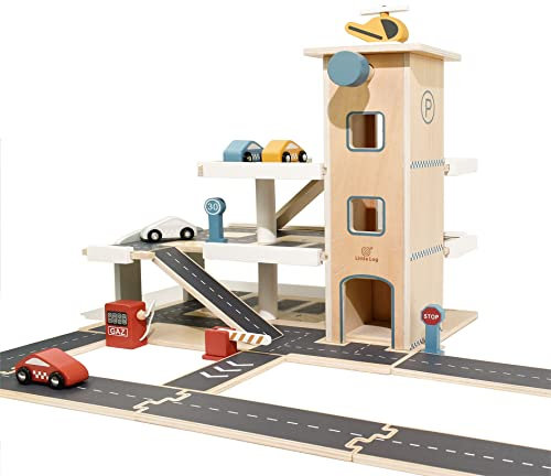 Little Log Parkgarage aus Holz Auto Parkhaus Garage mit Zubehör, Spielgarage mit Lift, Hubschrauber (70 x 50 x 36.5 cm)…