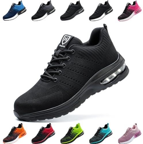 Zapatos de Seguridad Hombre Mujer Zapatillas Trabajo Ligero Comodo Calzado de Seguridad con Punteras de Acero Transpirable Antideslizante Negro EU 39