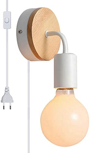 Lampada da Parete Vintage, E27 Portalampada Industriale con EU Spina con Interruttore,Con cavo da 1,8 m, Applique mobile portatile flessibile,per Illuminazione di Interni (Bianco)