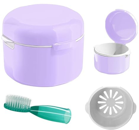DIDATOOL Cadeau Femme, Boite a Dentier Nuit, Etui pour Dentier avec Couvercle, Étui pour Prothèses Dentaires avec Panier de Rinçage Amovible, Boite pour Appareil Dentaire (Violet)
