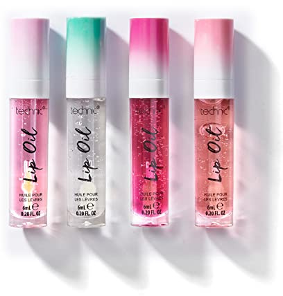 Technic Lippenöl Bundle - 4 aromatisierte, nicht klebende, feuchtigkeitsspendende Lippenöle mit einem hochglänzenden Finish - gemischte Aromen im Multipack - Erdbeere, Minze, Kirsche, Orange
