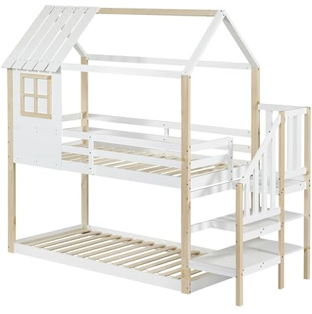 KecDuey Litera de 200 x 90 cm, cuna, cama con escalera esquinera, cama para niños con protección contra caídas y rejilla, con ventana, marco de pino (blanco y natural)