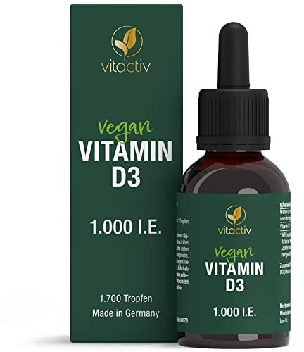 VITACTIV Vitamin D3 Tropfen - Für Knochen, Muskeln & Immunsystem - 1000 IE Vitamin D pro Tropfen, Hochdosiert, Hoch Bioverfügbar - Aus Deutschland, Laborgeprüft, Vegan - 50ml, 1700 Tropfen