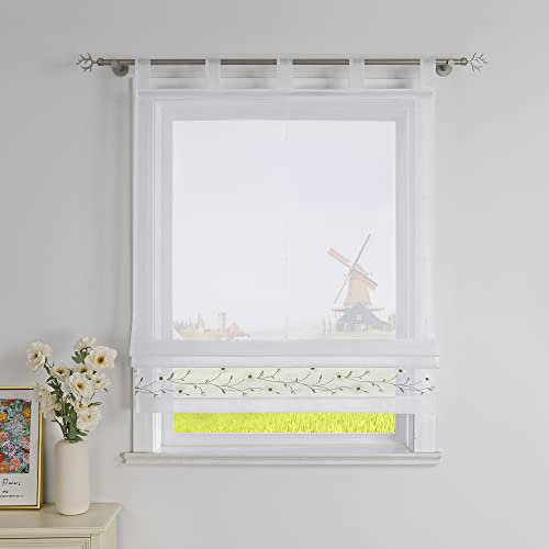 CORLIF Raffrollo mit Schlaufen Modern Raffgardine Küche Schlaufenrollo Leinenoptik mit Blumen Stickerei Transparente Rollo Landhaus Kurz Fenster Schal B/H 80/150 cm Weiß