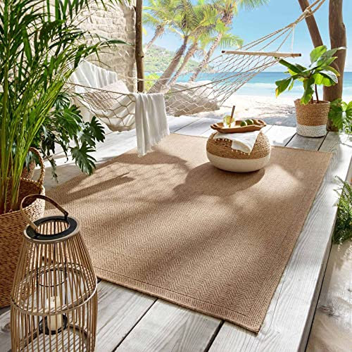 Taracarpet Outdoor & Indoor Teppich für Wohnzimmer Balkon Terrasse wetterfest Borneo Sisal-Jute-Optik naturfarben Natur Fischgrät 120x170 cm