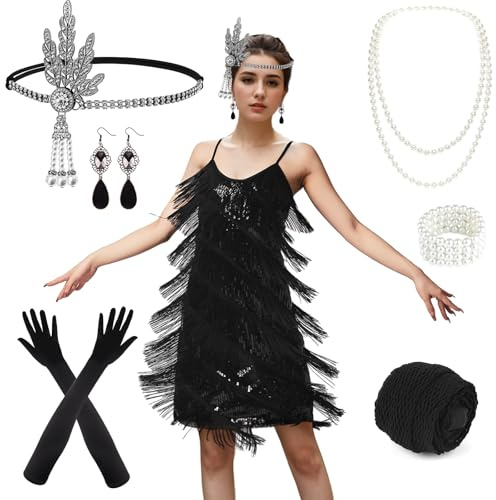 PLULON Robe années 1920 Gatsby à sequins à franges vintage pour femme Robe de soirée cocktail avec accessoires années 20 Costume pour soirée bal