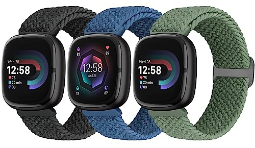 Yunshare 3 Stück Geflochtenes Armband Kompatibel mit Fitbit Versa 4 /Fitbit Sense 2/Fitbit Versa 3/Fitbit Sense, Weiches Elastisch Nylon Sport Solo Loop Ersatzband Damen Herren