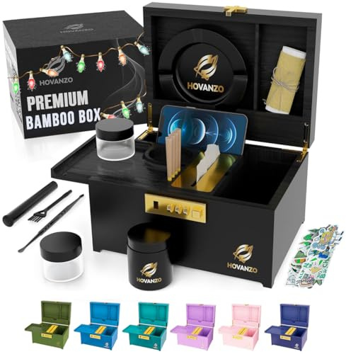 HOVANZO Premium Große Bambusbox - Verriegelung Aufbewahrung Dekorative Box mit Zahlenschloss - Aufbewahrungsbox Holz Verriegelung Aufbewahrungsbox mit Rolltablett - Aufbewahrung Holzkiste mit Zubehör