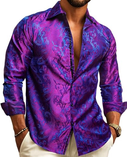 Barry.Wang Camicie eleganti da uomo in seta paisley a maniche lunghe con bottoni taglie forti camicia moda tempo libero matrimonio festa ballo di fine anno, S