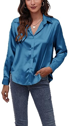 BHUJIA Camicia di Seta di Raso Donna a Maniche Lunghe Button Down, Elegante e Casual (S, Blue)