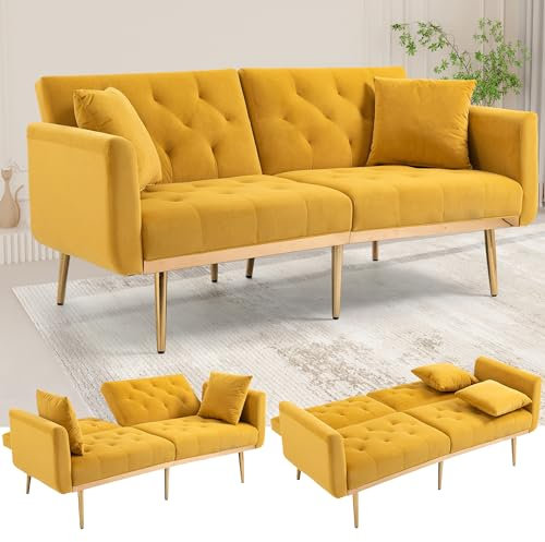 SUPPNEED Sofa Bett,Samt Sofa,Umwandelbares Sofa Bett, 2 Couch-Kissen, Mid Century Modern Sofas 162 x 80 x 78 cm für Haus Wohnzimmer Schlafzimmer,Gelb