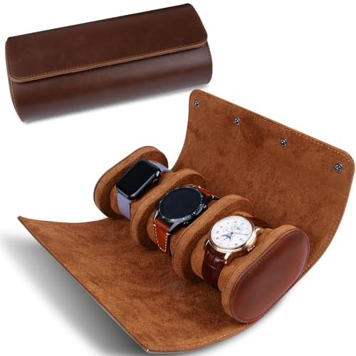 RoYiio Scatola per Orologio Cilindrico a 3 Slot, Pelle PU Organizzatore Custodia per Orologio da Viaggio Vintage per Uomini e Donne, Fodera in Velluto - Versione di Aggiornamento Marrone