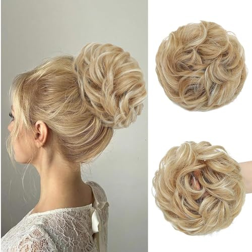 Dutt Haarteil Haargummi Mit Haaren Messy Bun Haarteil mit Gummiband | Synthetisch Haardutt Hochsteckfrisuren zopf Haarverlängerung für Damen Mädchen (Blass goldblond &Blond bleichen)