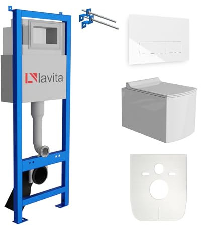 Lavita LAV 101 Vorwandelement für WC 40cm + Wand Hänge Tiefspül WC FAGO Weiß Spülrandlos + Bedienplatte LAV 200.3.1 Weiß | Komplettset | Unterputz Spülkasten | Toilette Komplett Sett