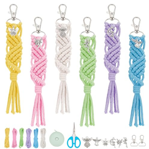INFUNLY 6 Set Engel Makramee Schlüsselanhänger Kit DIY Makramee Kit Für Erwachsene Mit Anleitung Makramee Boho Schlüsselanhänger Taschenanhänger Für Frauen Anfänger Makramee Kit Mit Quasten Für Auto