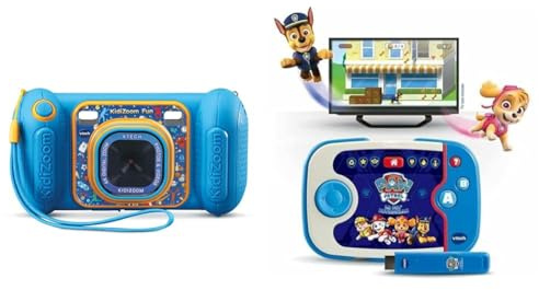 VTech - KidiZoom Fun Bleu, Appareil Photo Numérique Enfant 9 en 1, Photos et Vidéos, Écran Couleur & Pat' Patrouille, ABC Smile TV, Ma Première Console TV Éducative, Console de Jeux