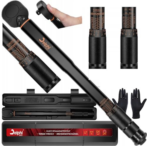 Delphi Clé dynamométrique de 1/2 pouce (1,27 cm), 28-210 Nm ± 4%, 72 dents, clé de couple de torsion pour voiture, vélo, moto, clés dynamométriques avec gants, conteneur de stockage