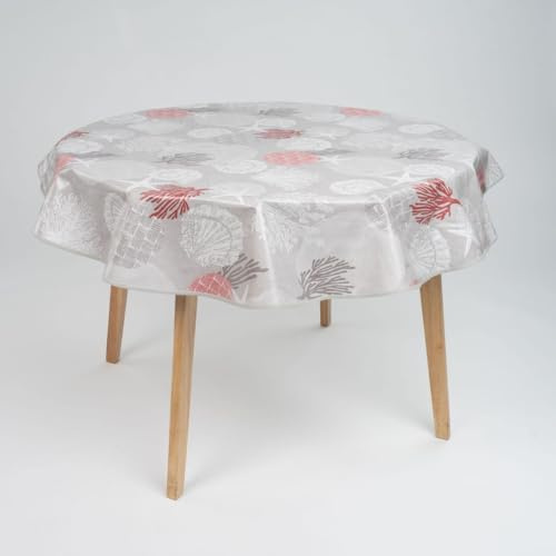 laro 140cm runde Wachstuch Tischdecke abwaschbar Wachstuchtischdecke mit Saum-Eingefasst-Paspelband, Muster:Strand Muschel Koralle Grau, Größe: Rund 140cm