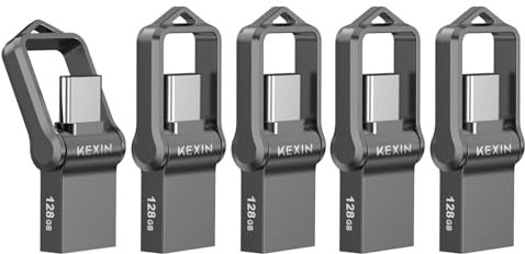 KEXIN 5 Unidades USB C Memoria USB 128GB 3.0 Tipo C Pendrive USB Metal Impermeable a Prueba de Golpes Llave Pendrive 2 en 1 Memory Stick U Disco OTG Flash para PC/Laptop/móvil con USB-C